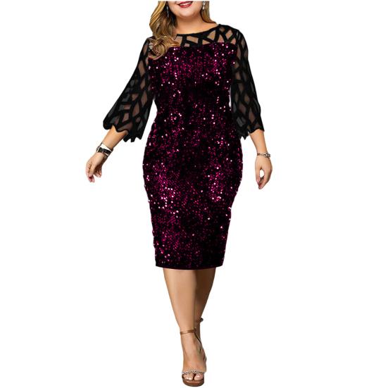 Сукня бодікон з круглим вирізом 45720, рукавом, облягаюча талію, з драпіруванням на стегнах, паєтками та прозорою сіткою