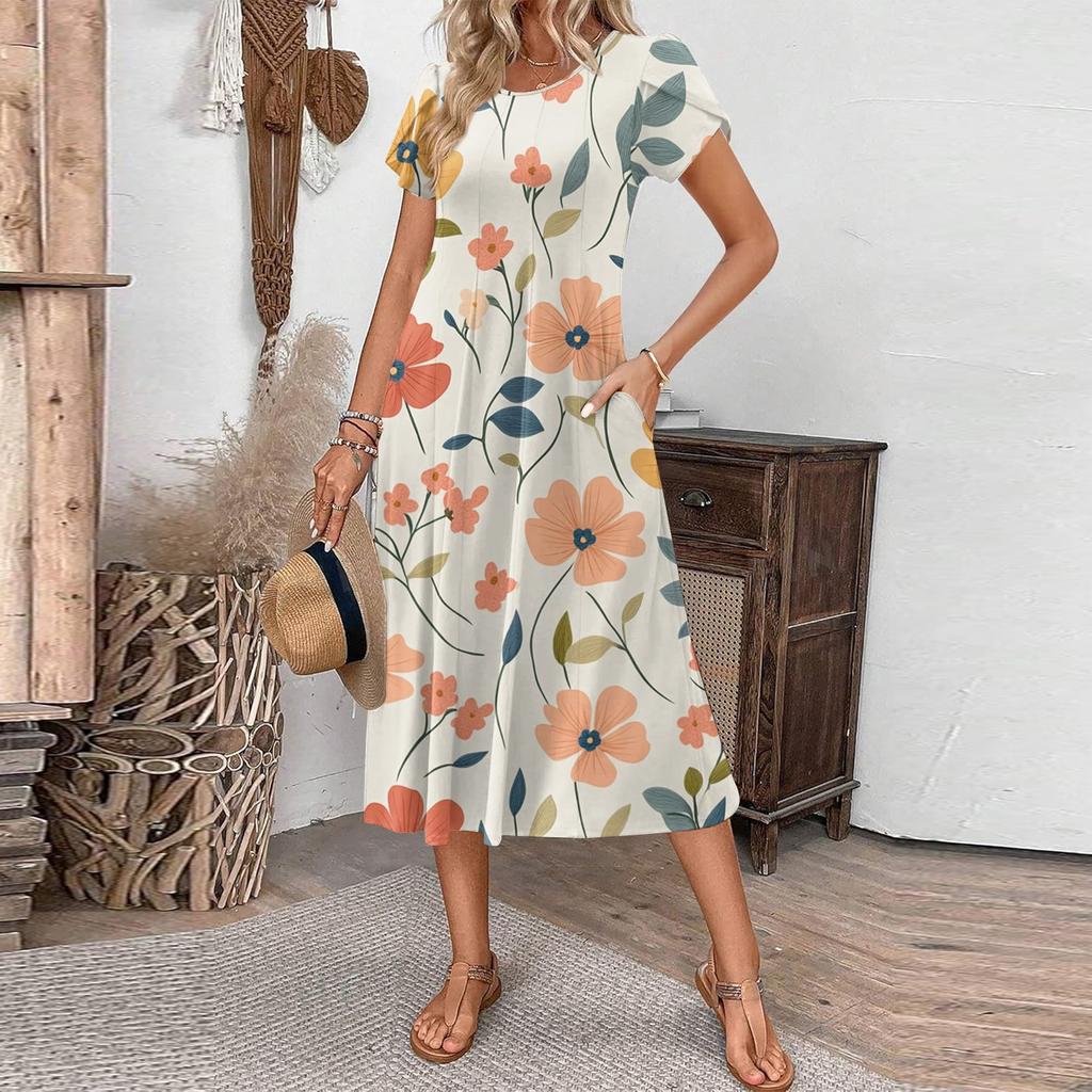 Women's Casual Fashion Round Neck Printed Short Sleeve Pocket Dress