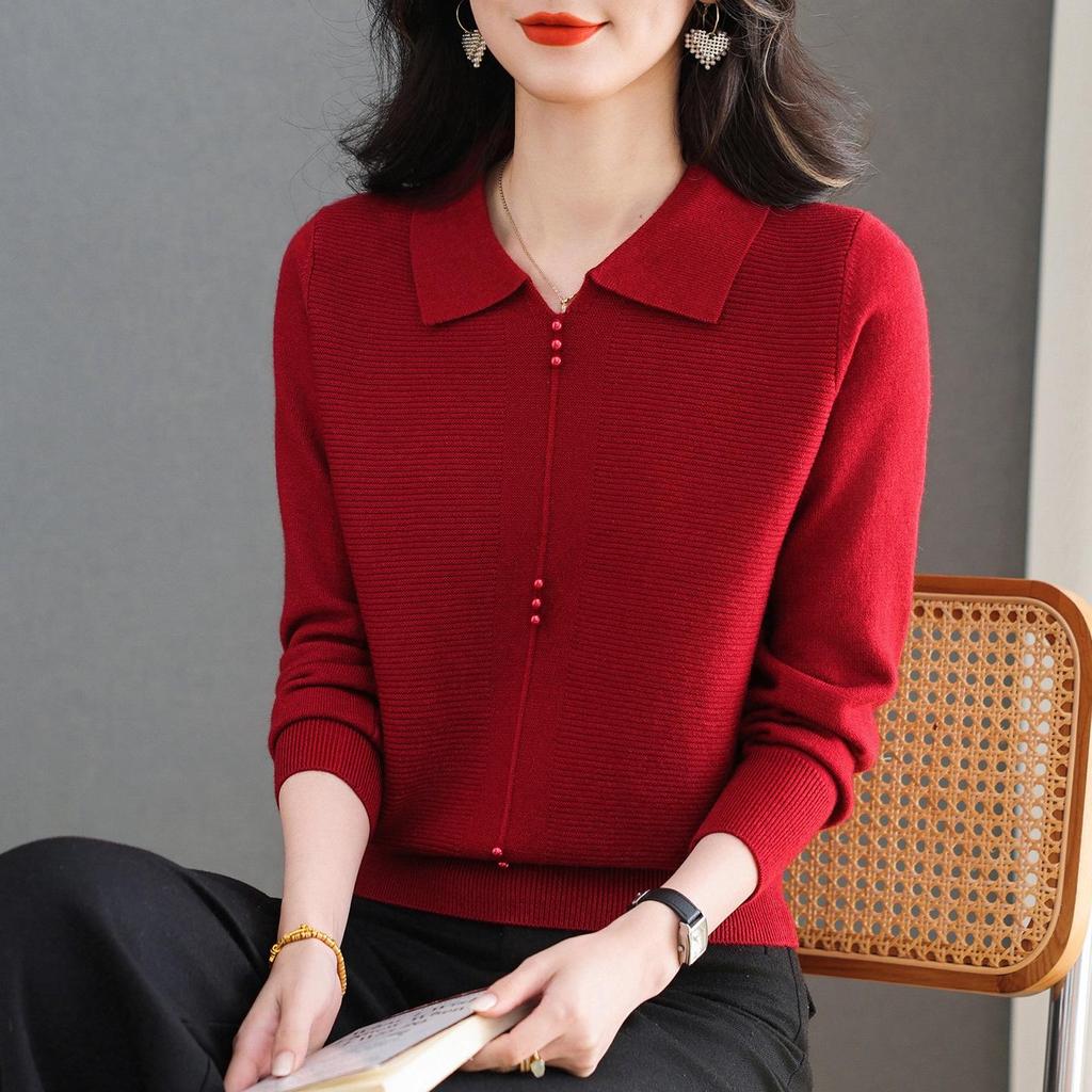 2025 Fashion Women's Solid Color Long Sleeve Knit Polo Shirt