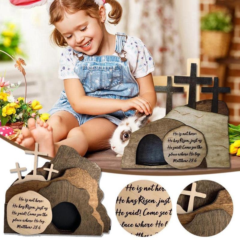 Easter Resurrection Scene Wooden Decor Easter Eid Al-Fitr Decor Wooden Cross Resurrection Scene Decor Nativity Set Durable -A