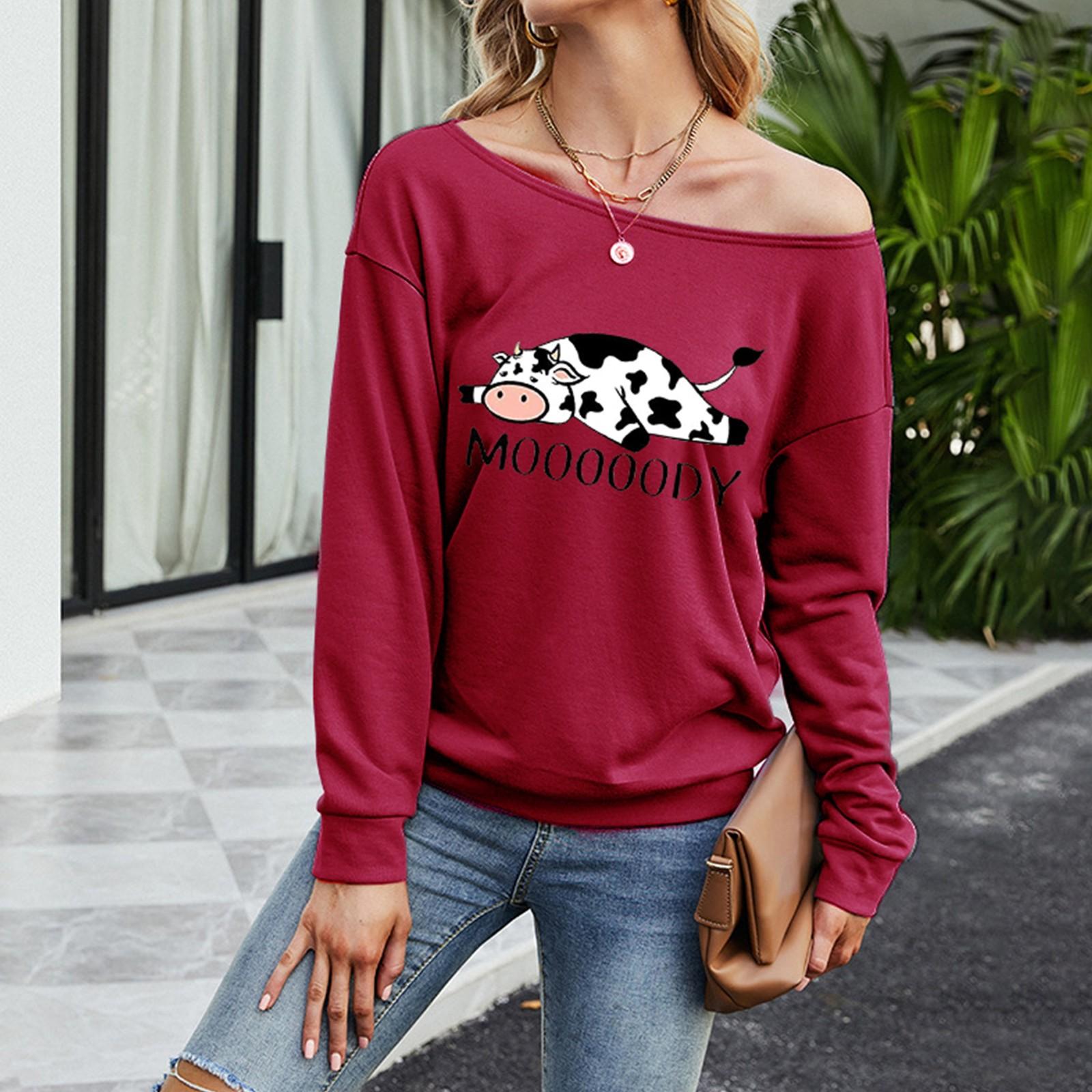 

Женская мода, повседневный топ с открытыми плечами и воротником с длинными рукавами и принтом коровы S винный