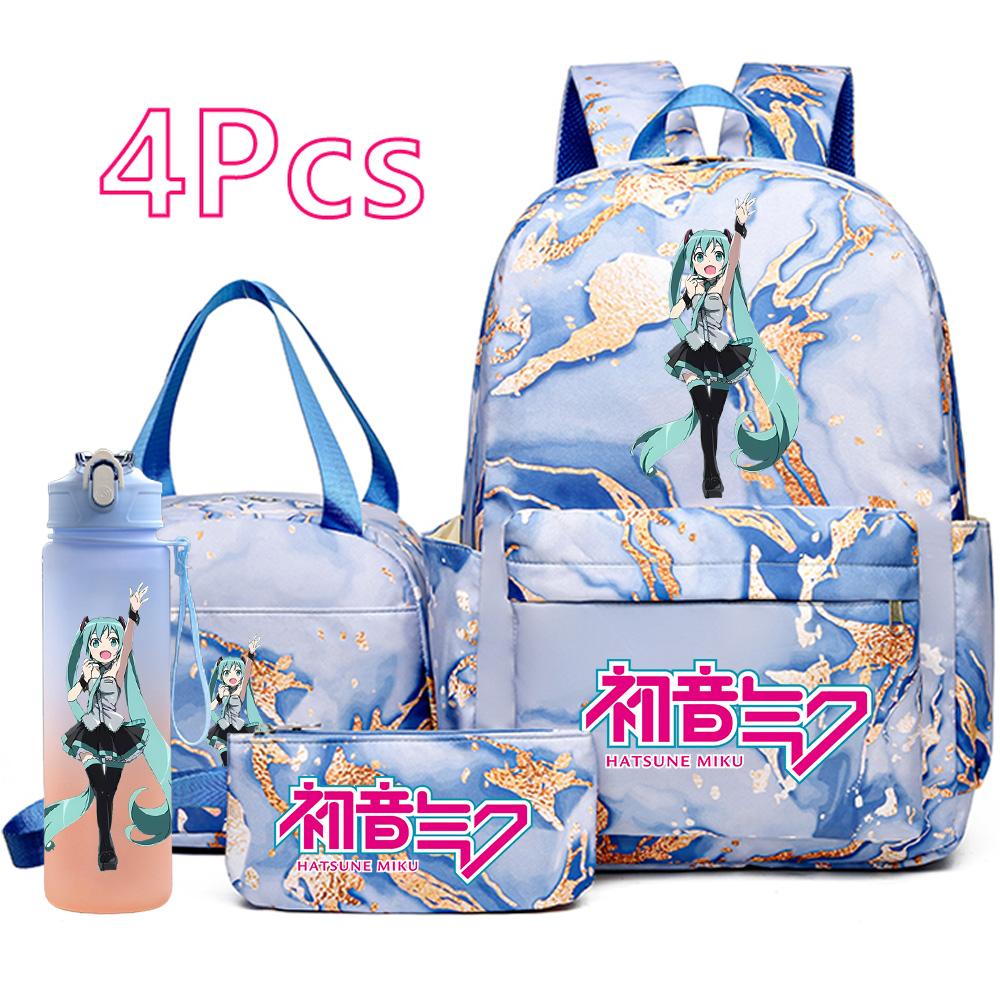 4 Stück/Set Hatsune Miku Aufdruck Rucksack Handtasche Federmäppchen 750ml Wasserflasche für Teenager Junge Mädchen Große Kapazität Wasserdicht Schultasche Schülergeschenk