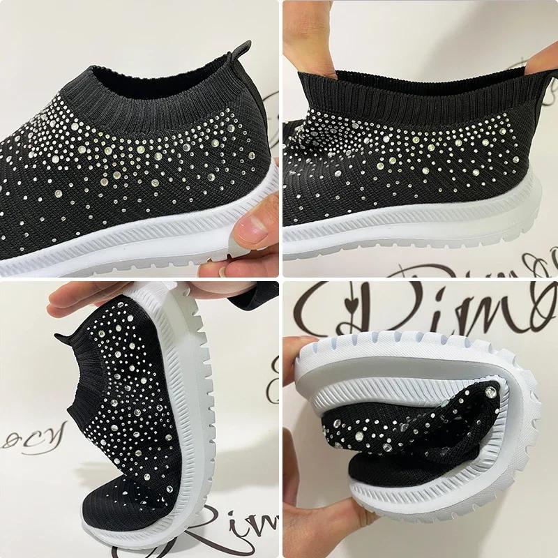 Fashion New Shining Crystal Flats Women Spring Breathable Knit Platform Sneakers Woman Comfortable Soft Bottom Non-slip Sports Shoes