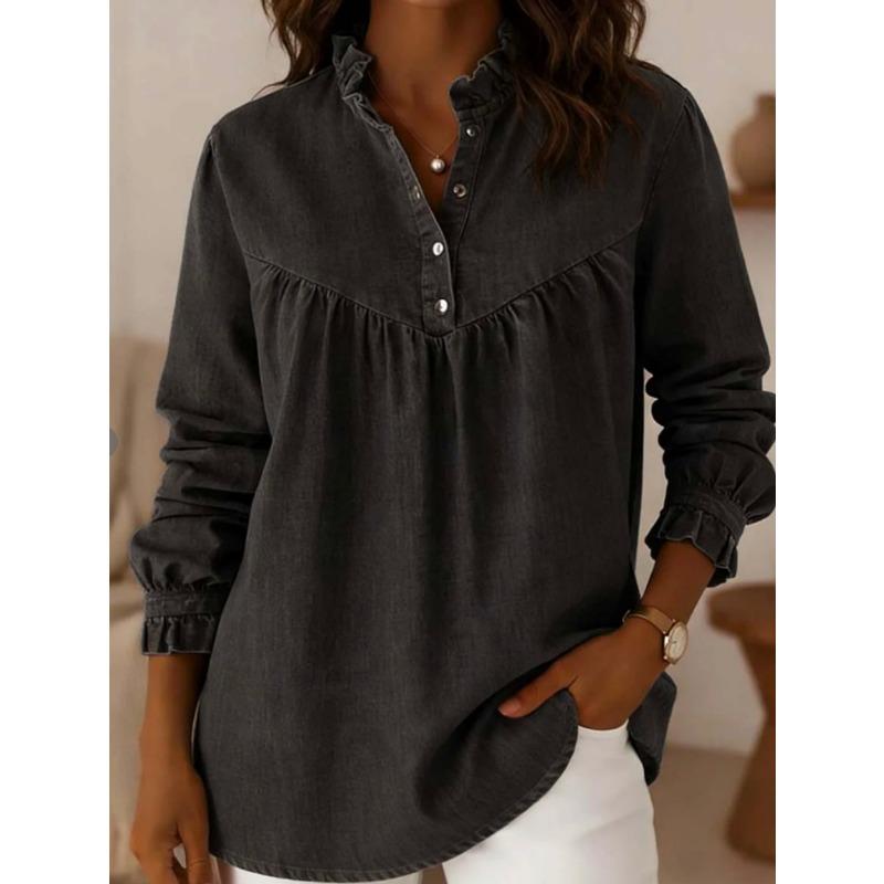 Solid Color V Neck Long Sleeve Casual Denim Daily Shirt
