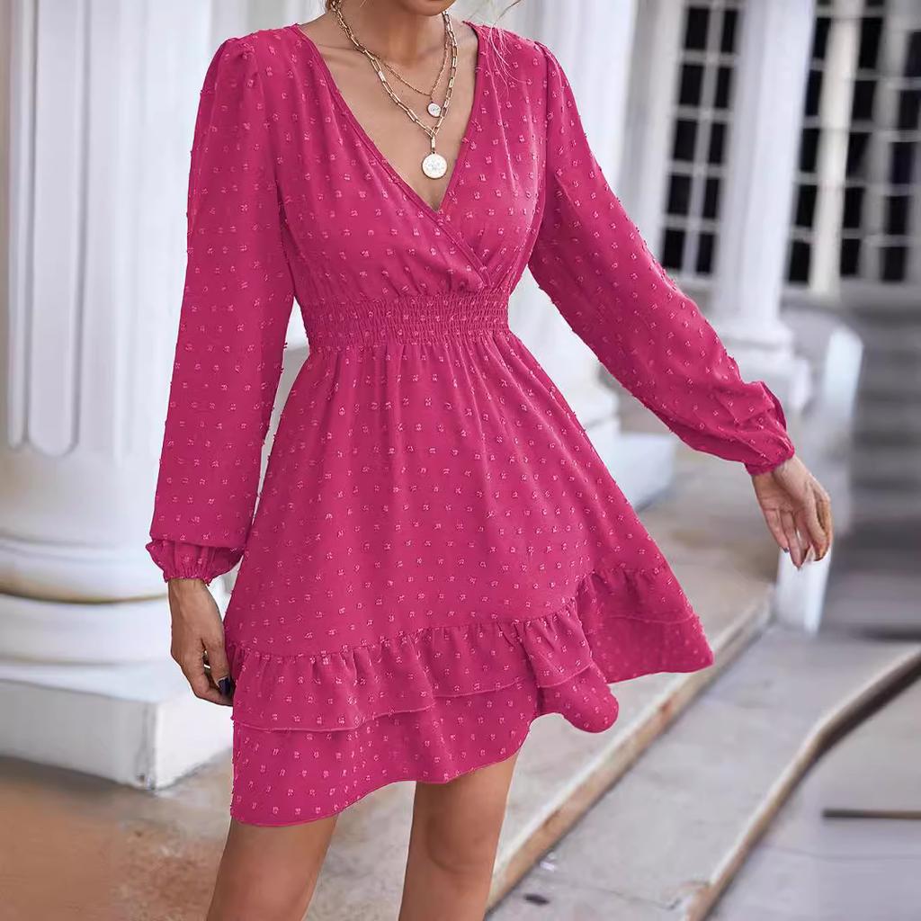 Women V Neck Long Lantern Sleeve Dress, Ruffle Hem A Line Flowy Dress, Elegant Commuter Midi Dress for Spring