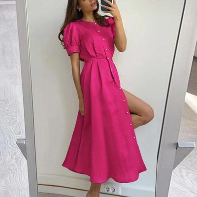 Damen Sommer Einfarbig Temperament Hohe Taille Mittellange Hemdkleider