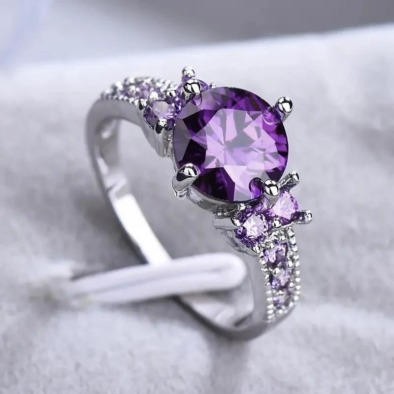 Huitan Charming Purple CZ Rings Bridal Wedding Accessories Silver Color Women Rings Anniversary Gift Temperament Lady