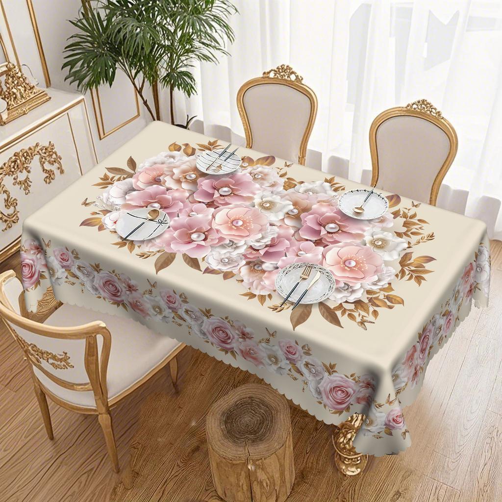 An Elegant White And Pink, White Pearl Luxury Floral Tablecloth With A Beige Background.