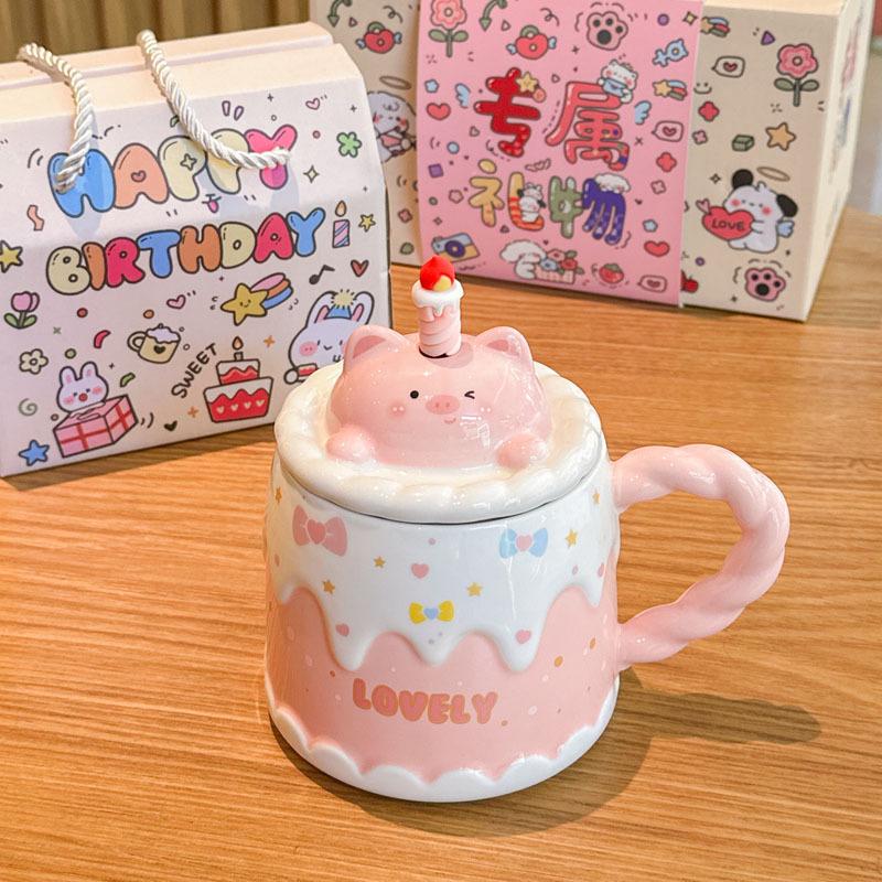 

Милая керамическая кружка-торт со свечой с крышкой, мультяшная чашка для питья, подарок на день рождения для девочки, сувенир 401-500ml