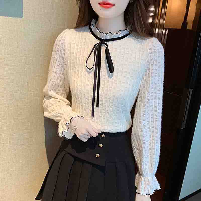 Fashion New 2024 Autumn Winter Long Sleeve Lace Up Ruffled Collar Apricot Velvet Lace Blouse Shirt Women Tops Blouses Shirts J760