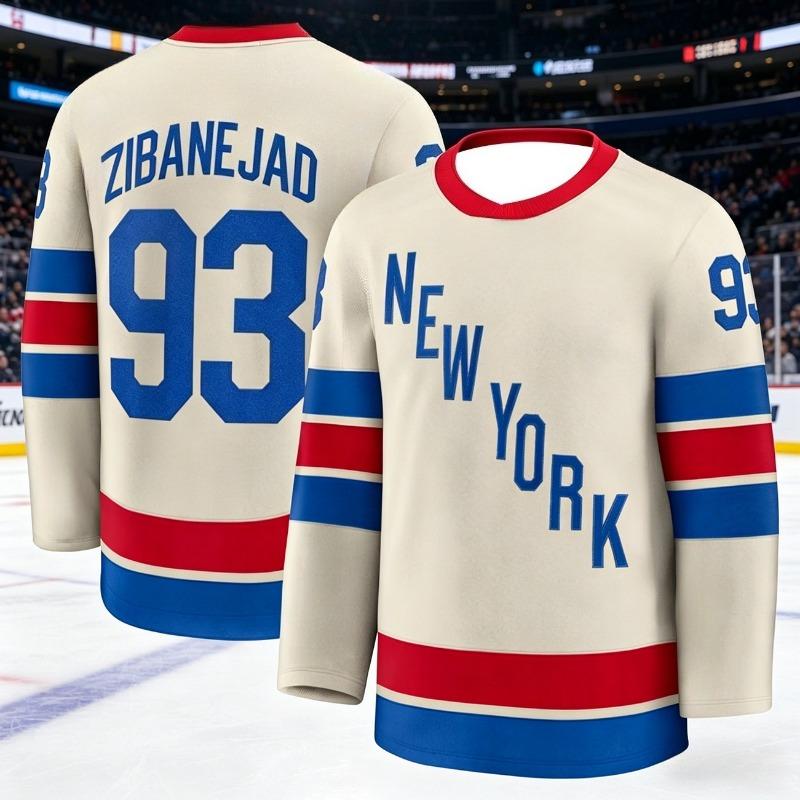 2026 Neuer Herren Eishockey Trainingsanzug - Rangers Team Serie 3D Stickerei Feuchtigkeitsableitend Weiß Langarm Oberteil Kinder