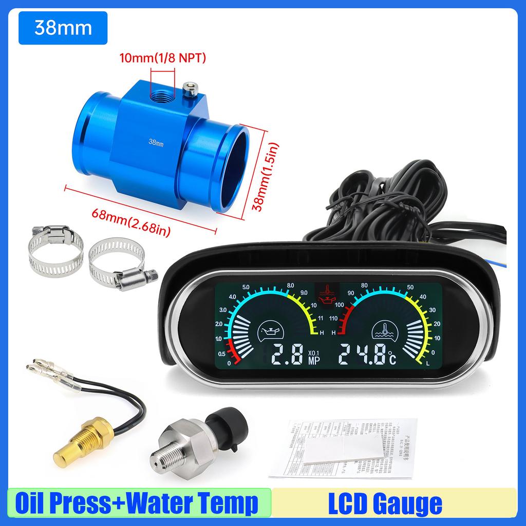 MAIMEIMI LCD Gauge Oil Pressure Gauge+Water Temperature Meter with Sensor Temperature Joint Pipe Sensor Radiator Hose Adapter