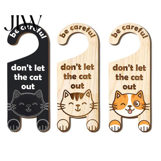 Pet Shop Door Sign Cat Warning Handle Sign, Wooden Cartoon Hanging Reminder, Escape Prevention Safety Knob Hanger, for Bedroom And Entryway Doors Cafe