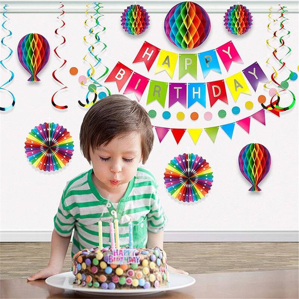 36 Pieces Reusable Birthday Decoration Set - Happy Birthday Banner, Bunting, Beehive Decoration, Ribbons (Confetti Rainbow Party Decoration)