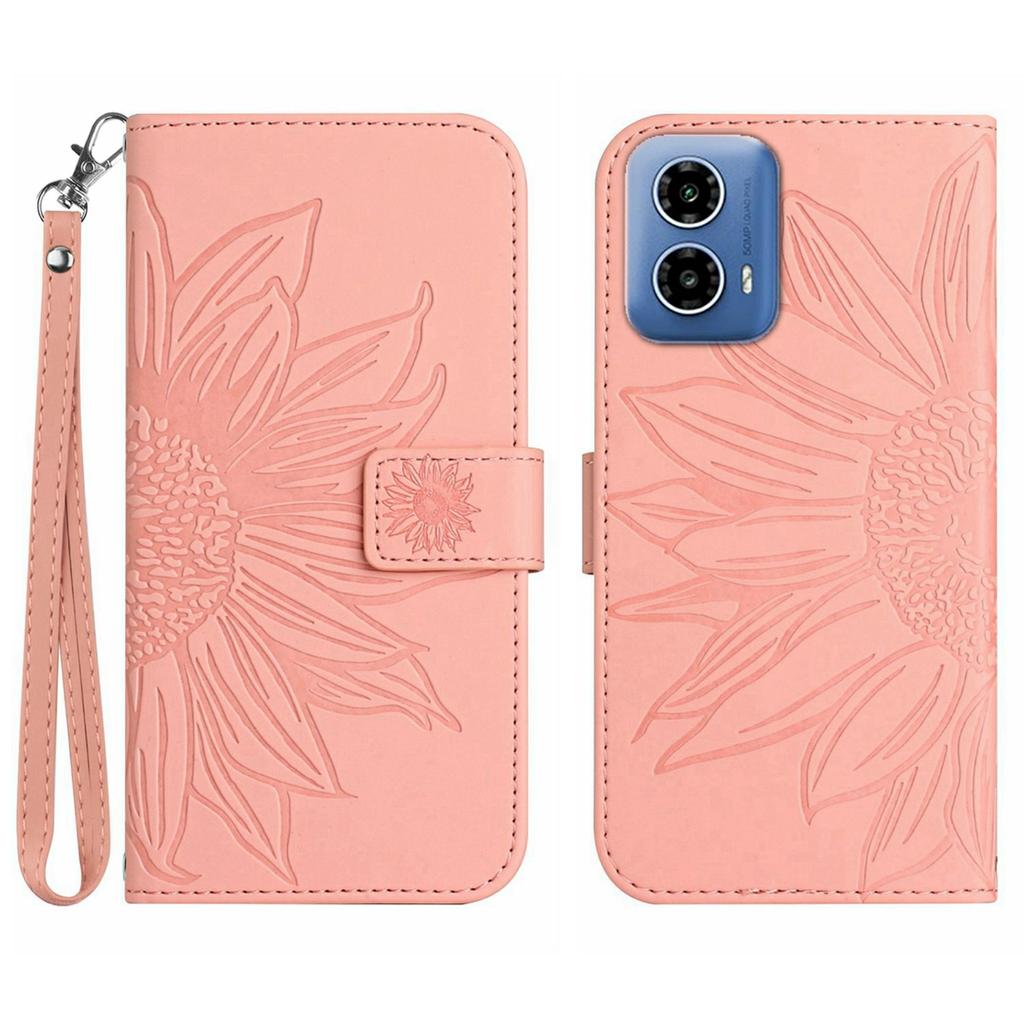 HT04 For Motorola Moto G35 5G Case Sunflower Imprint Leather Wallet Phone Cover with Wrist Strap