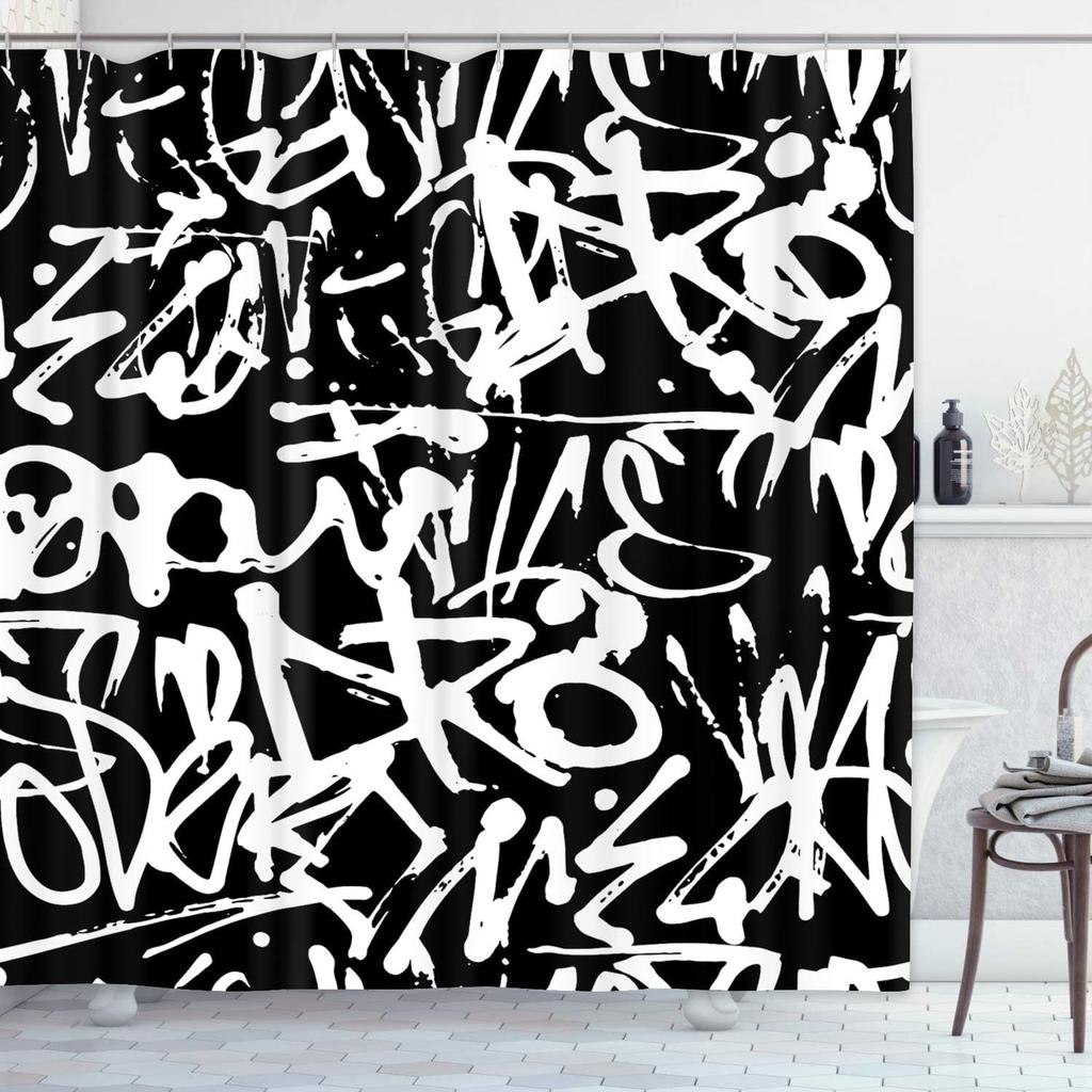Duschdraperi med graffiti- och abstrakt tryck Vintage Old School Svart Polyestertyg Badrumsgardin Med Krok