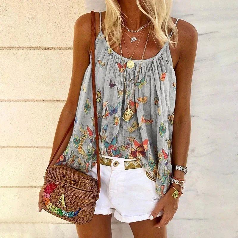 Butterfly Print Halter Top T-shirt Fashion Butterfly Print Sling Tops T-shirt for Women