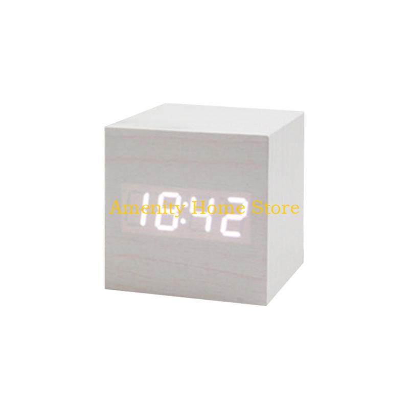 F26C Wood Cube Voice Control  Led Alarm Clock Decorative Clock Ornaments Art Crafts Supplies for Home Bedroom Dormitory