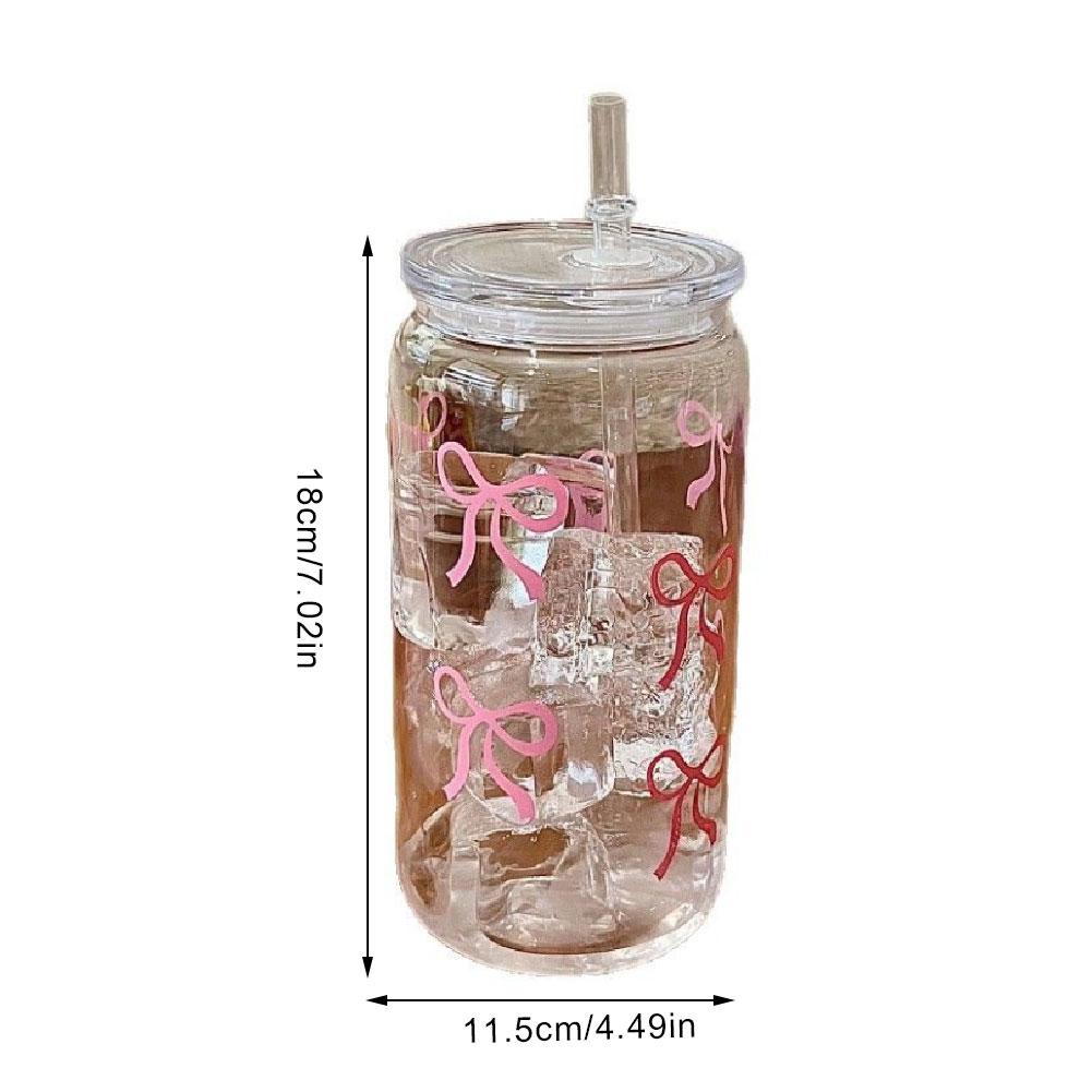 Transparent Glass Tumbler Pink Bow Flower Sticker Drink Juice Cup Suitable For Hot And Cold Drinks Bow Tie Plastic Straw Cup