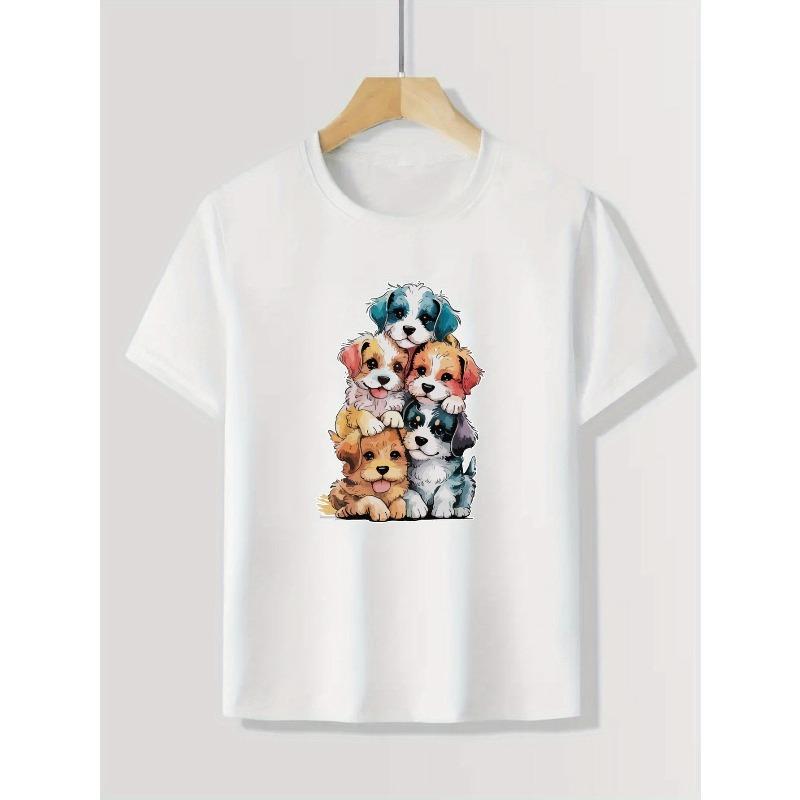 Kids Crewneck T-Shirt, Cute Puppies Graphic Soft Stretchy Short Sleeve Casual Tee Spring Summer 110