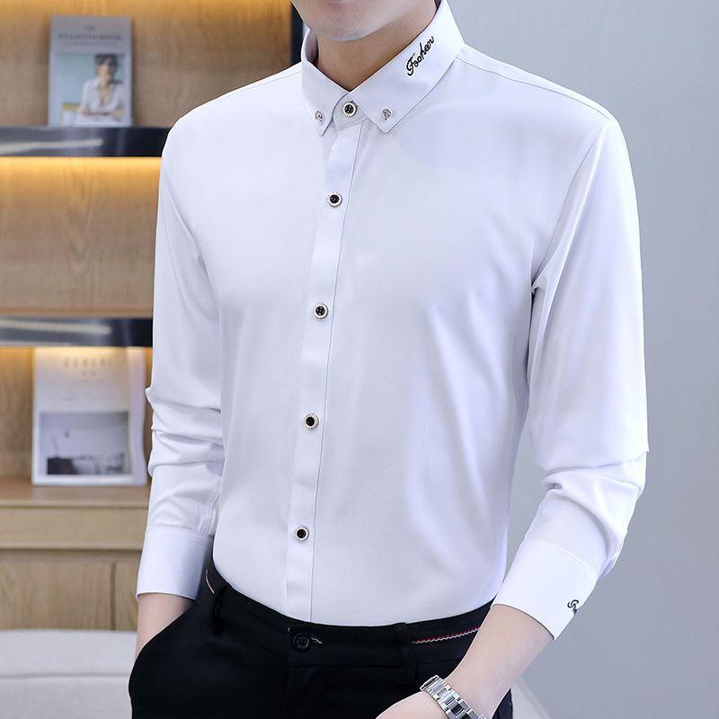 

Мужские рубашки с воротником, пятиконечная звезда, вышитая повседневная деловая классическая рубашка, универсальные мужские топы с длинными рукавами S бежевый