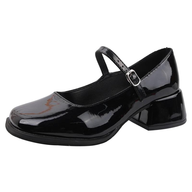 

Модные красные туфли Мэри Джейн на среднем каблуке для женщин с квадратным носком и пряжкой на щиколотке, женские туфли из искусственной кожи на толстом каблуке для вечеринок 35 чёрный