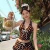 Vintage Polka Dot Off-the-shoulder Bikini Swimsuit Slim Small Fresh Vacation Style Female Sexy Swimsuit Female Summer
