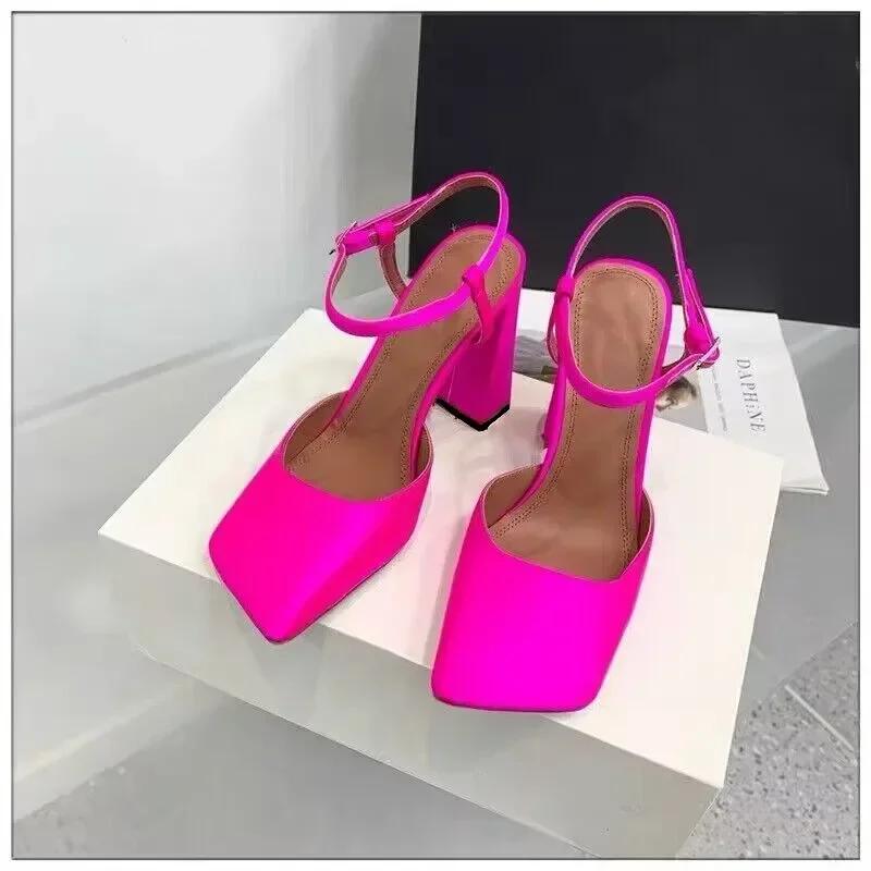 Fashion Minimalist Square Head Rhinestone Mary Jane Sandals 2024 Summer New Girls Candy Banquet Party Fashion High Heels Shoes size 43