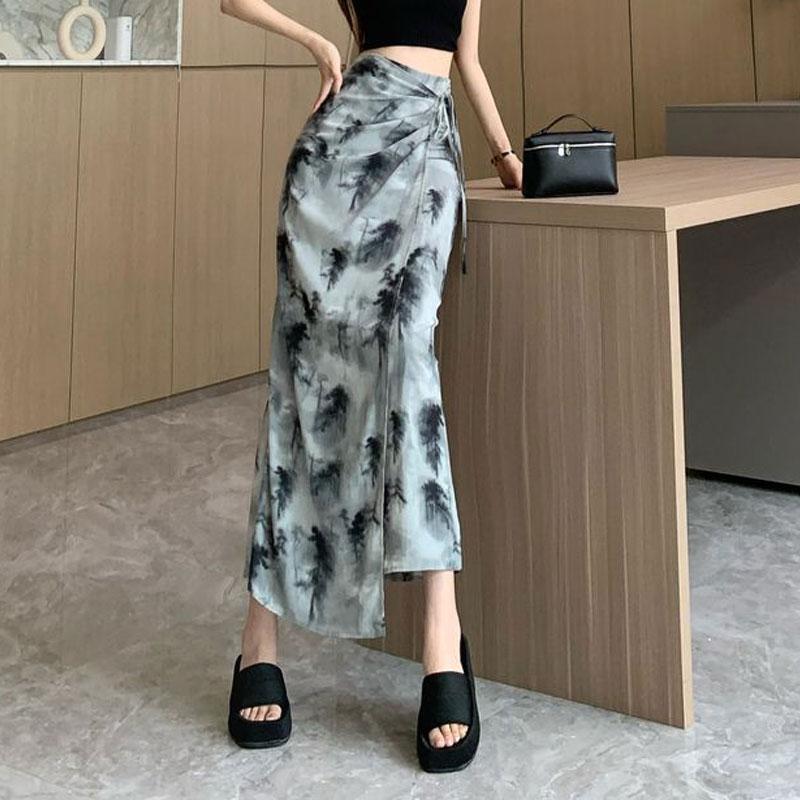 Fashion Drawstring Bag Hip Long Skirts Chinese Style Ink Paint Women's Summer Vintage High Waist Chic Irregular Split Skirts