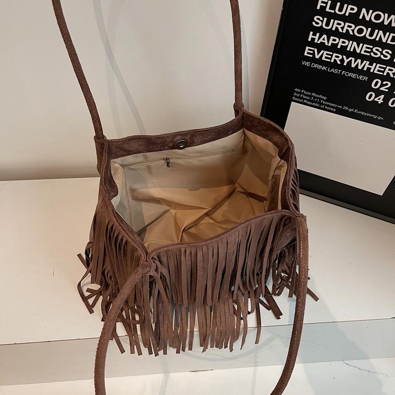 Bruine Suède Franje Tote Tas Dames Mode Schoudertas Met Gelaagde Kwastjes Boho Stijl Handtas Dagelijks Gebruik