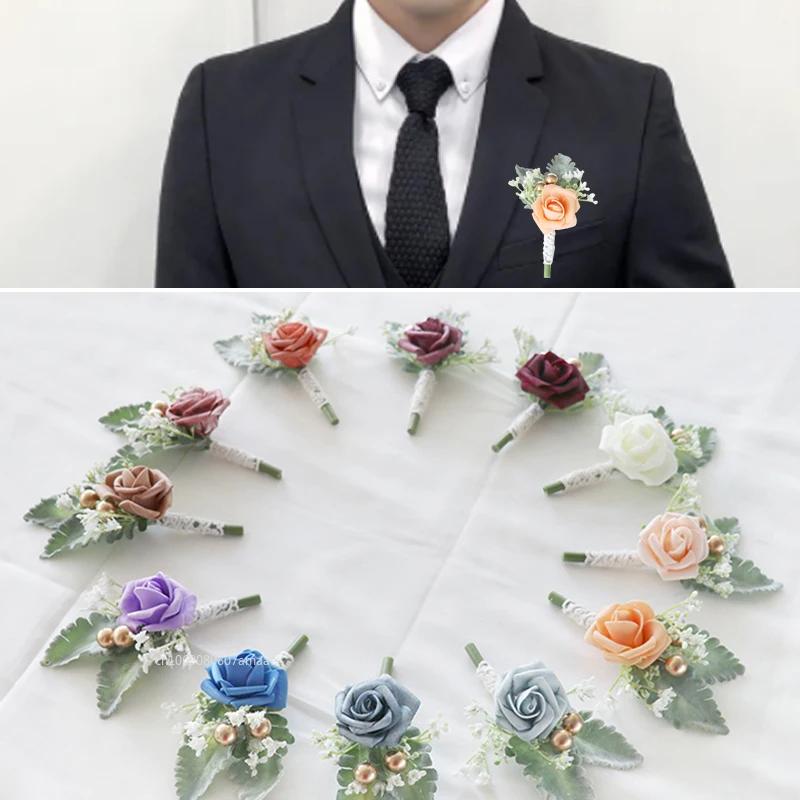1pc Boutonnieres Flowers Artificial White Roses Silk Ivory Corsage Buttonhole Groomsmen Boutonniere for Men Wedding Supplies