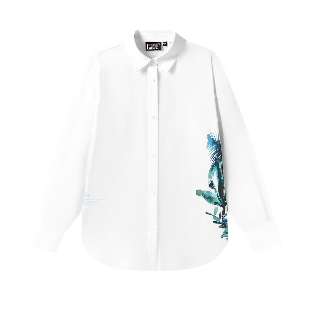 FILA Plant Print Fashion Casual Loose Woven Polo Long Sleeve Shirt Women shirts White F11W328401FWT