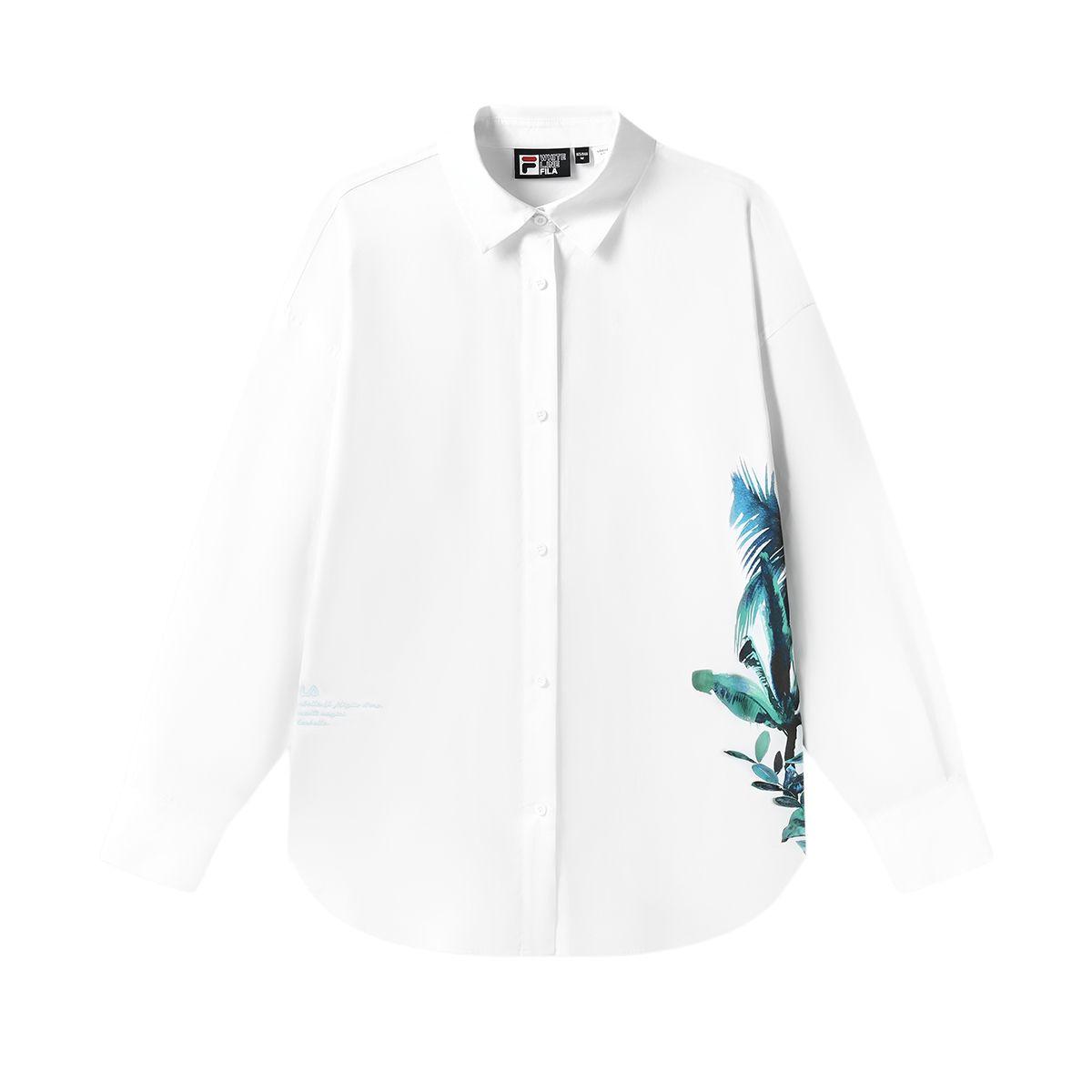 

FILA Plant Print Fashion Casual Loose Woven Polo Long Sleeve Shirt Women shirts White F11W328401FWT
