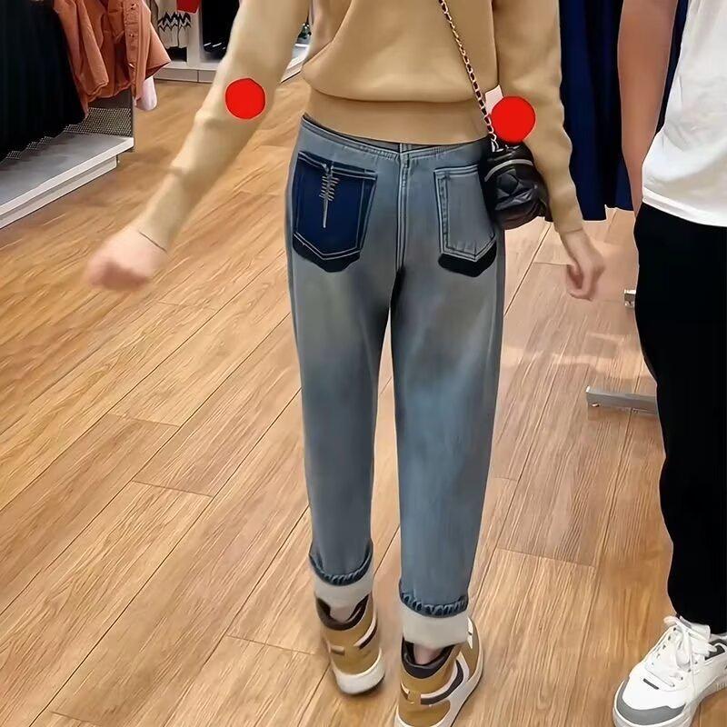 

2026 Autumn/Winter Women’s Plus Velvet High Waist Embroidered Harem Jeans for Pear Shapes XL