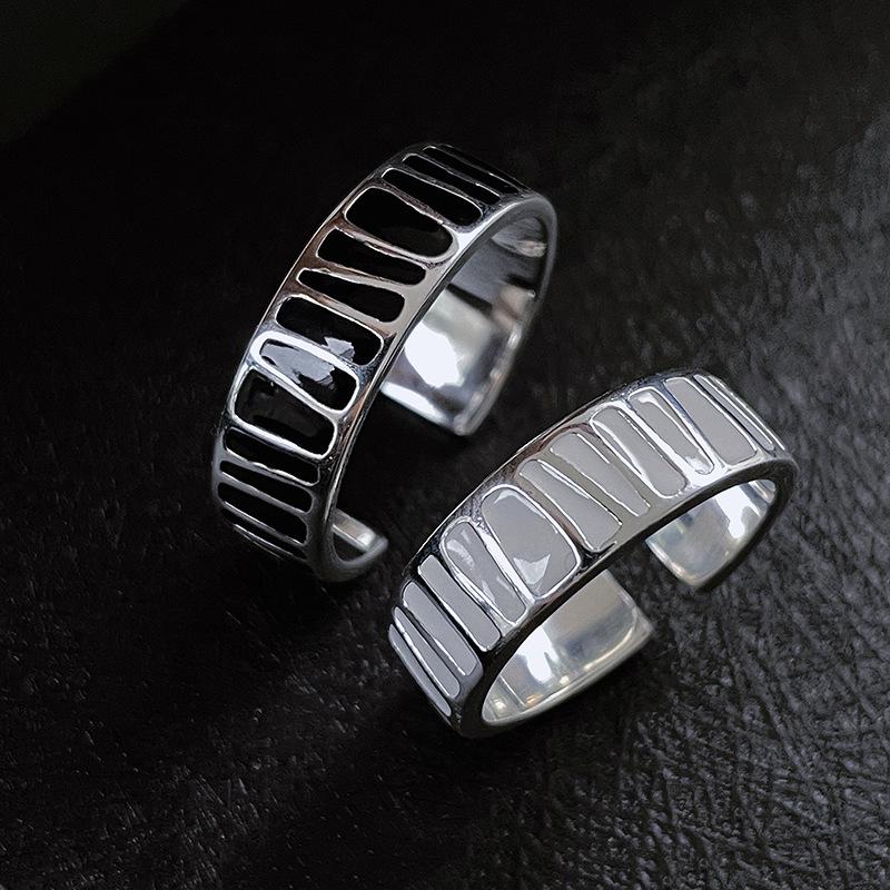 Black & White Drip Glaze Geometric Irregular S925 Silver Wide Band Open Ring