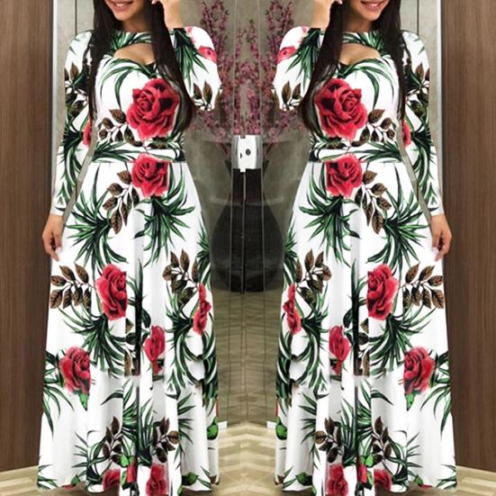 Rochie lungă cu mâneci lungi, cu mâneci lungi, cu imprimeu floral, strâns în talie