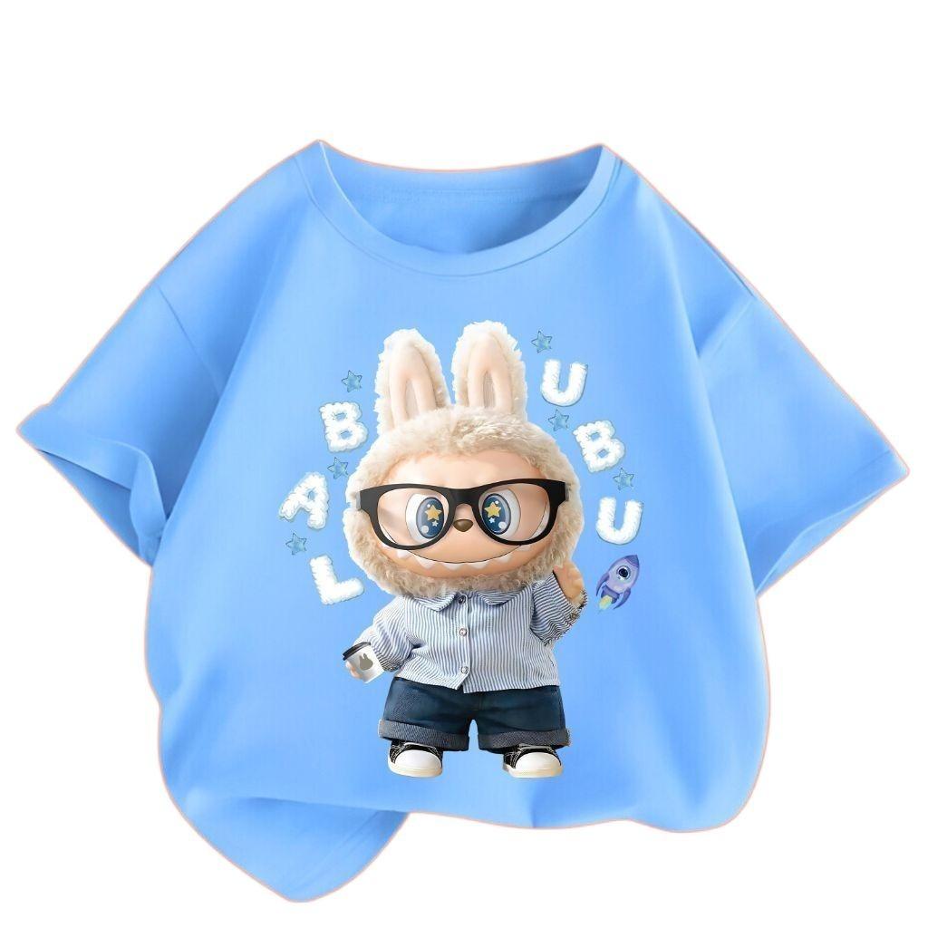 

Популярная футболка с коротким рукавом с мультяшной девочкой Лабубу 2025 года, мягкая и повседневная детская футболка с круглым вырезом и коротким рукавом 120