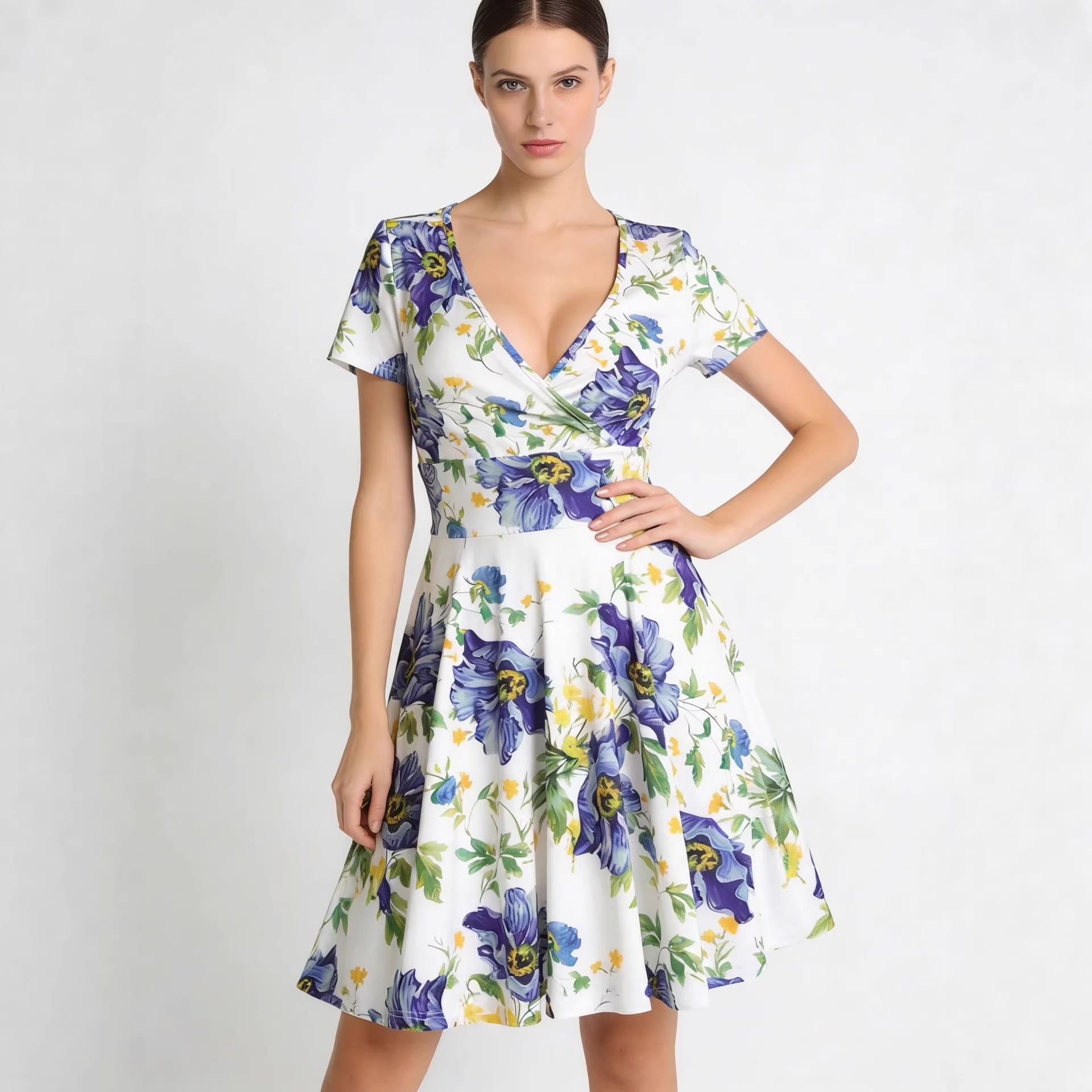 Summer Women s Print Mini Dress V Neck Short Sleeve High Waist A-Line Casual Vacation Party Floral Sundress S белый