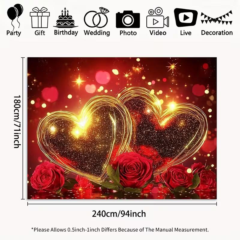 2D Anniversary Backdrop Red Rose and Golden Hearts Romantic Background