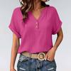 Women's V-Neck Short Sleeve Button Front Crinkle Fabric T-Shirt with Rolled Hem