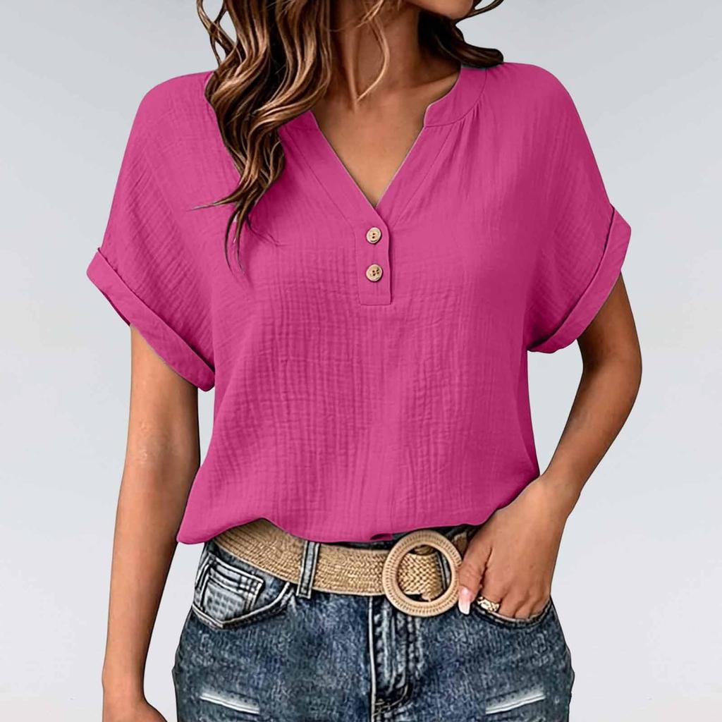 Women's V-Neck Short Sleeve Button Front Crinkle Fabric T-Shirt with Rolled Hem