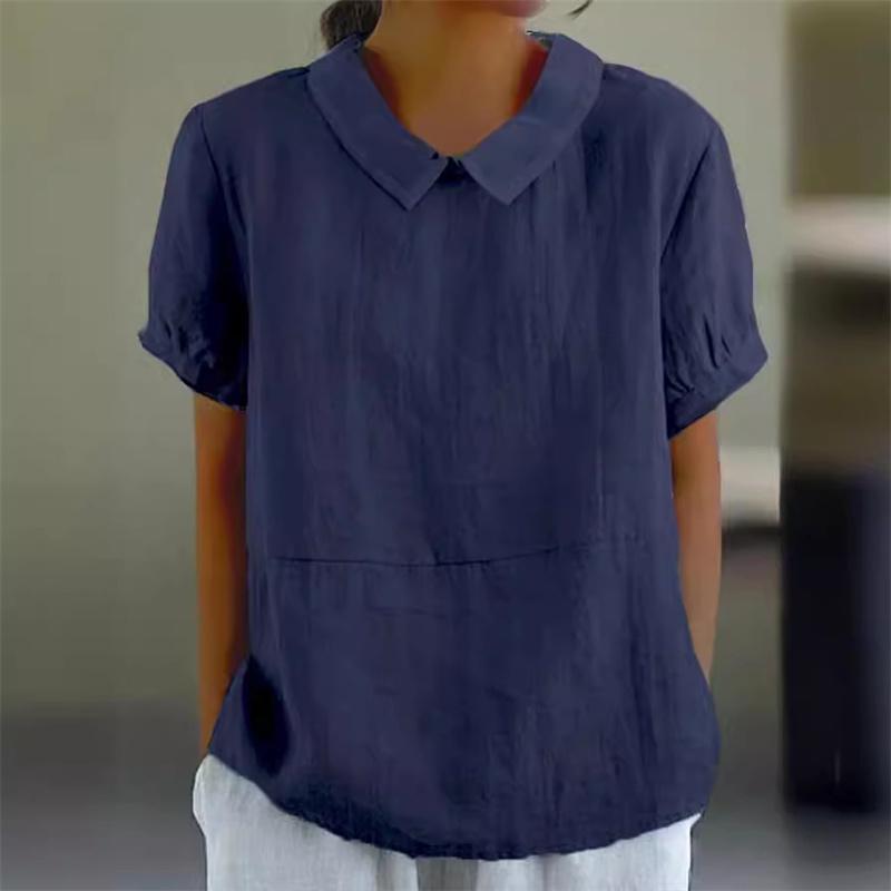 Women Summer Short Sleeve Blouse Solid Color Cotton Linen Lapel Pullover Shirt Female Comfortable Casual Simple Style Tops