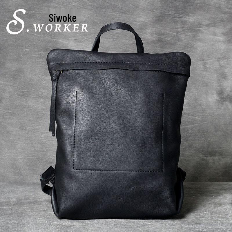 Genuine Cowhide Leather Minimalist Backpack: Handmade, Simple, Versatile Design for Men and Women.