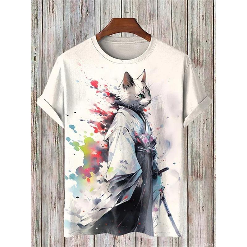 3D Printed 2025 New Men's T-shirt Cartoon Warrior Cat Art Short Sleeved Round Neck T-shirt Casual Street Top