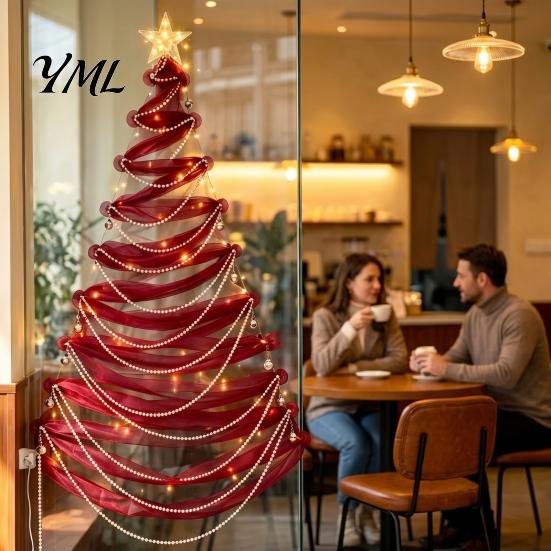 DIY Holiday Fabric Tree Decor Lighted Christmas Kit, Hanging Ornament Set Space Saving for Window Wall, Handmade Craft with LED Lights Luminous