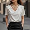 2026 New Women's V-neck Ruched Short Sleeve Elegant Fashion T-shirt Blouse, Casual Daily Top for Women European American Style