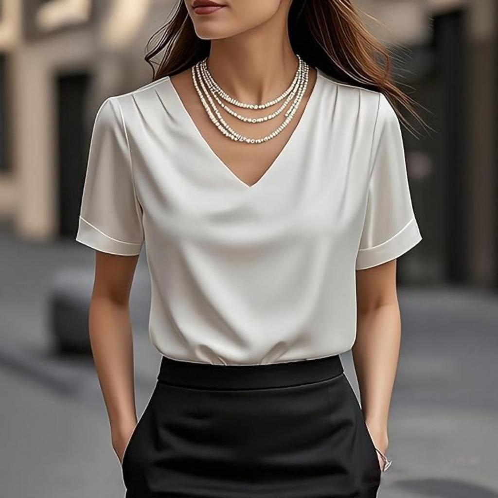 2026 New Women's V-neck Ruched Short Sleeve Elegant Fashion T-shirt Blouse, Casual Daily Top for Women European American Style