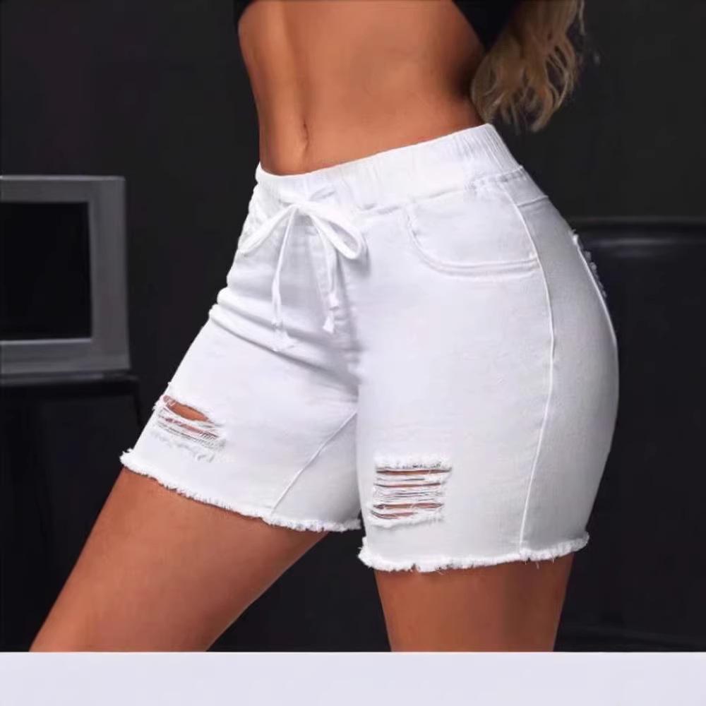 Women s High-Waist White Ripped Denim Shorts - Frayed Hem, Summer European American Style, Spicy Girl Fashion. S