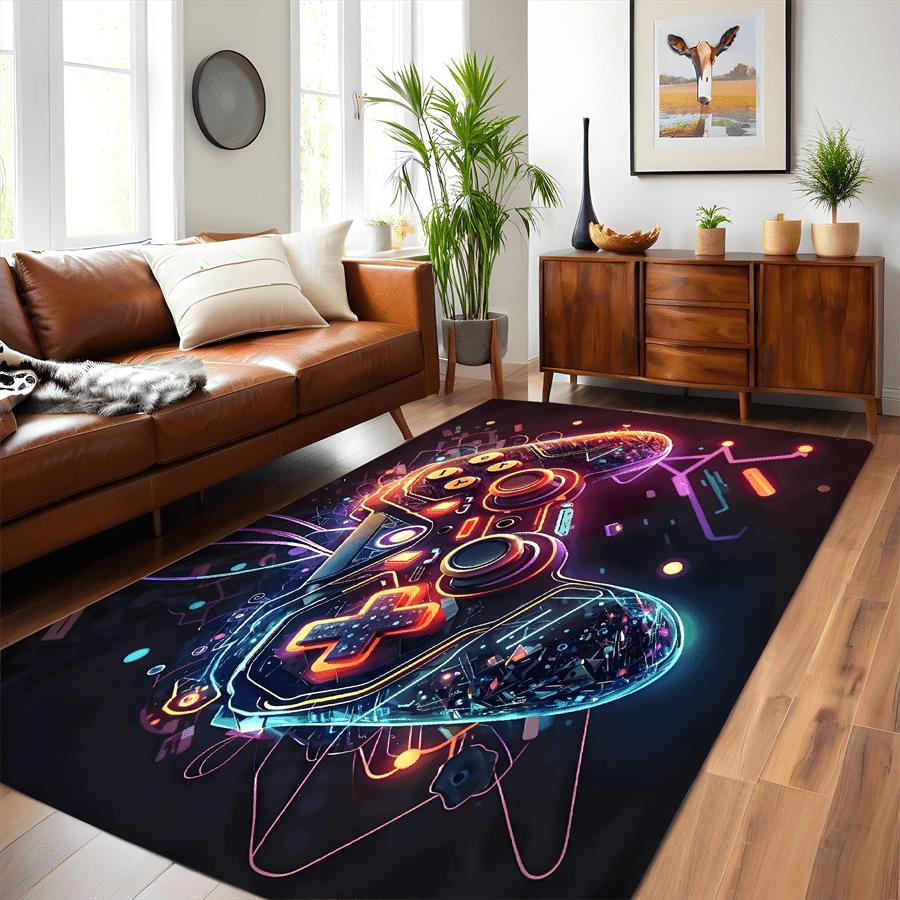 Flannel Printed Gaming Controller Rug Neon LED Design Soft Fleece Floor Mat Living Room Carpet Gamer Decor Tech Theme Rugs