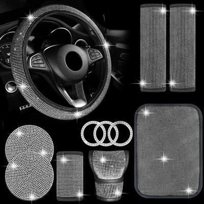 Car Accessories Set 11Pcs Women Bling Fit Steering Cover Gear Shift Pull Cover Armrest Shoulder Pad Coasters Start Stop Stickers